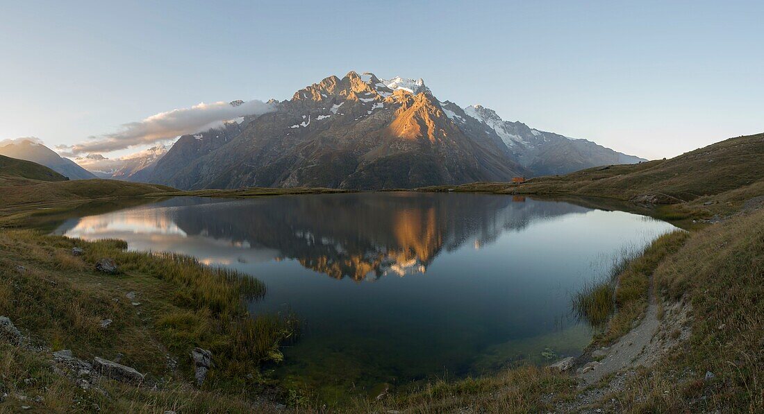 France,Hautes Alpes,The massive Grave of Oisans,panorama of Lake Pontet and Meije