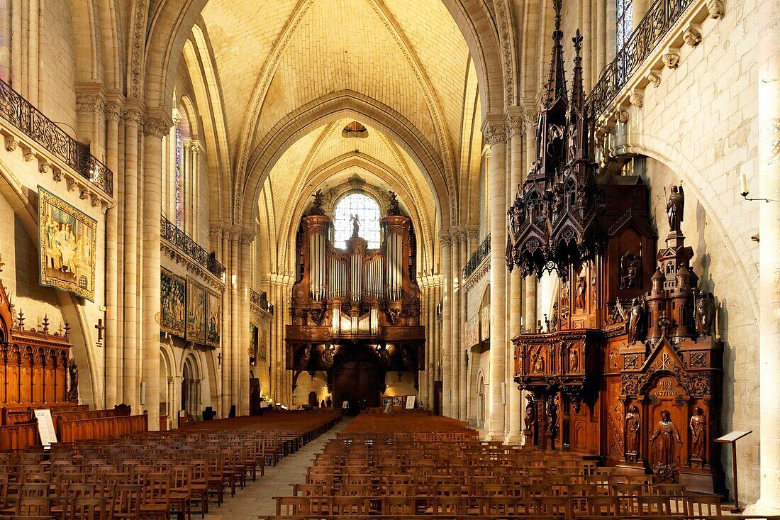 France,Maine et Loire,Angers,Saint Maurice cathedral,sculpted chair by abbot René Choyer and organ