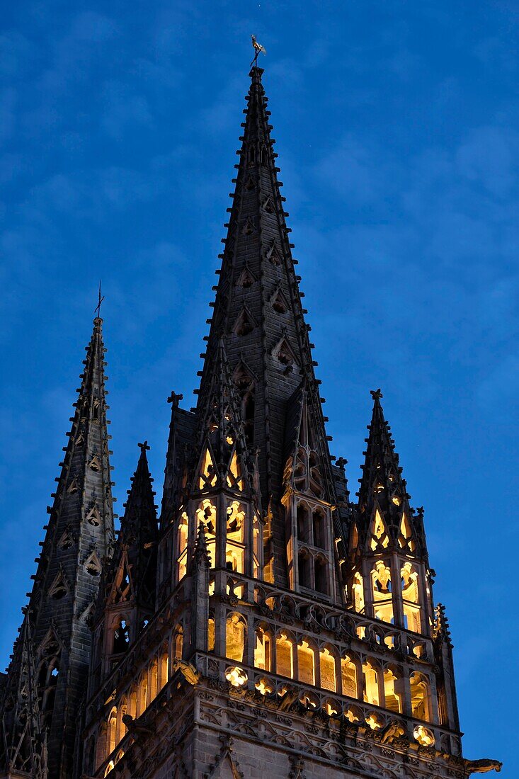 France,Finistere,Quimper,Place Saint Corentin,Saint Corentin cathedral dated 13th century,tower,illuminations in the evening