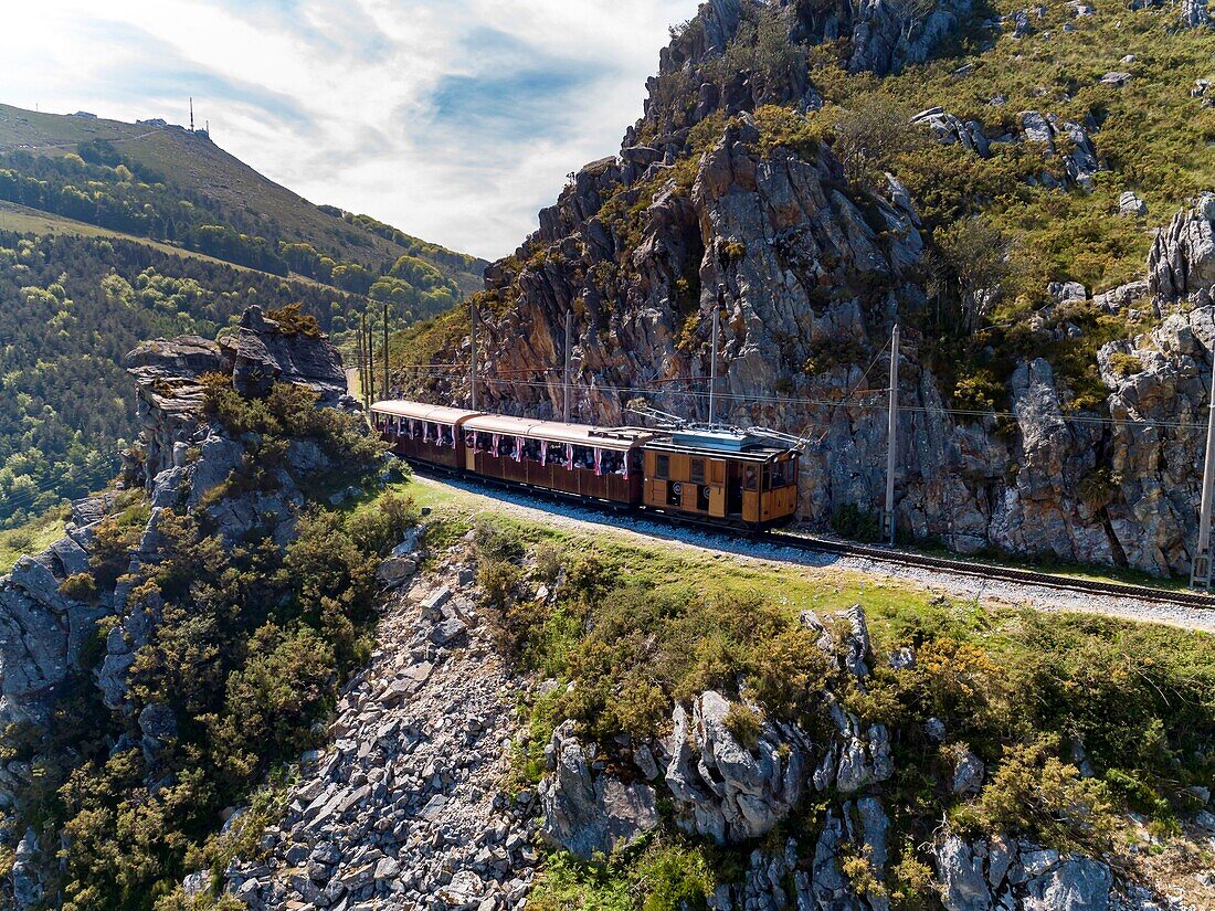 France,Pyrenees Atlantiques,Basque Country,Ascain,La Rhune,the Rhune train,little cog railway (aerial view)