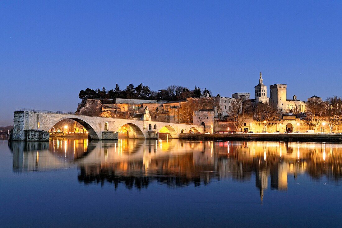 Frankreich,Vaucluse,Avignon,Saint Benezet Brücke über die Rhone aus dem 12. Jahrhundert mit im Hintergrund die Kathedrale von Doms aus dem 12. Jahrhundert und der Papstpalast, der zum UNESCO-Weltkulturerbe gehört
