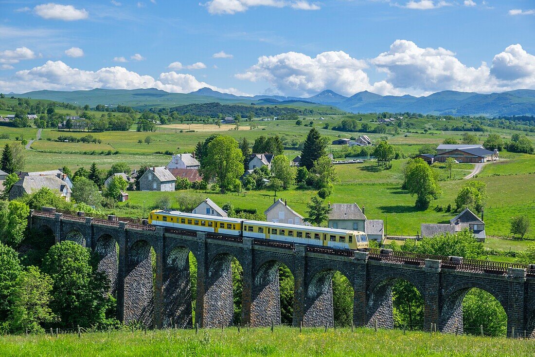 Frankreich,Cantal,Regionaler Naturpark der Vulkane der Auvergne,monts du Cantal (Cantal-Berge),vallee de Cheylade (Cheylade-Tal),touristischer Zug Gentiane Express im Dorf Lugarde