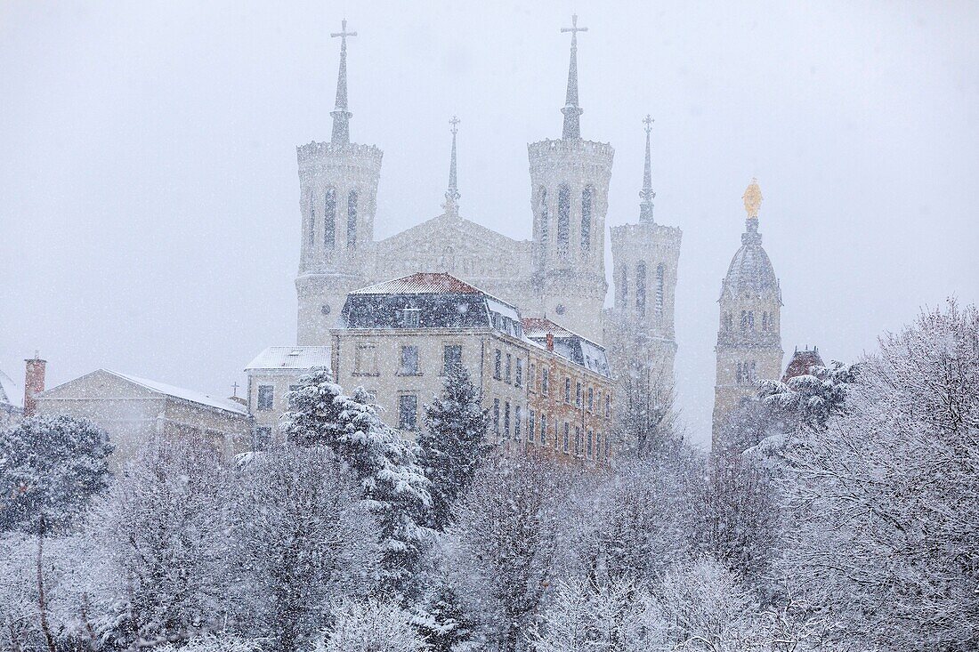 France,Rhone,Lyon,5th district,Fourviere district,Notre Dame de Fourviere basilica (XIXth century),listed as a Historic Monument,listed as World Heritage by UNESCO site under the snow