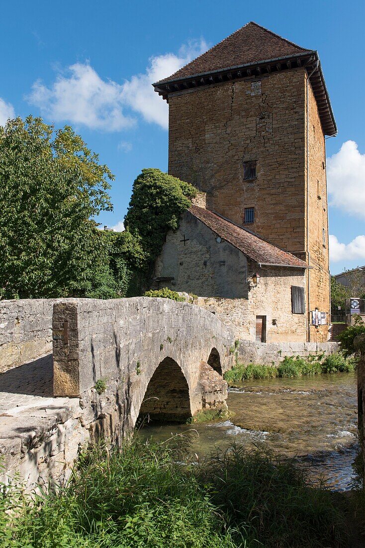 France,Jura,Arbois,the old Capuchin pedestrian bridge on the river Cuisance and Gloriette tower