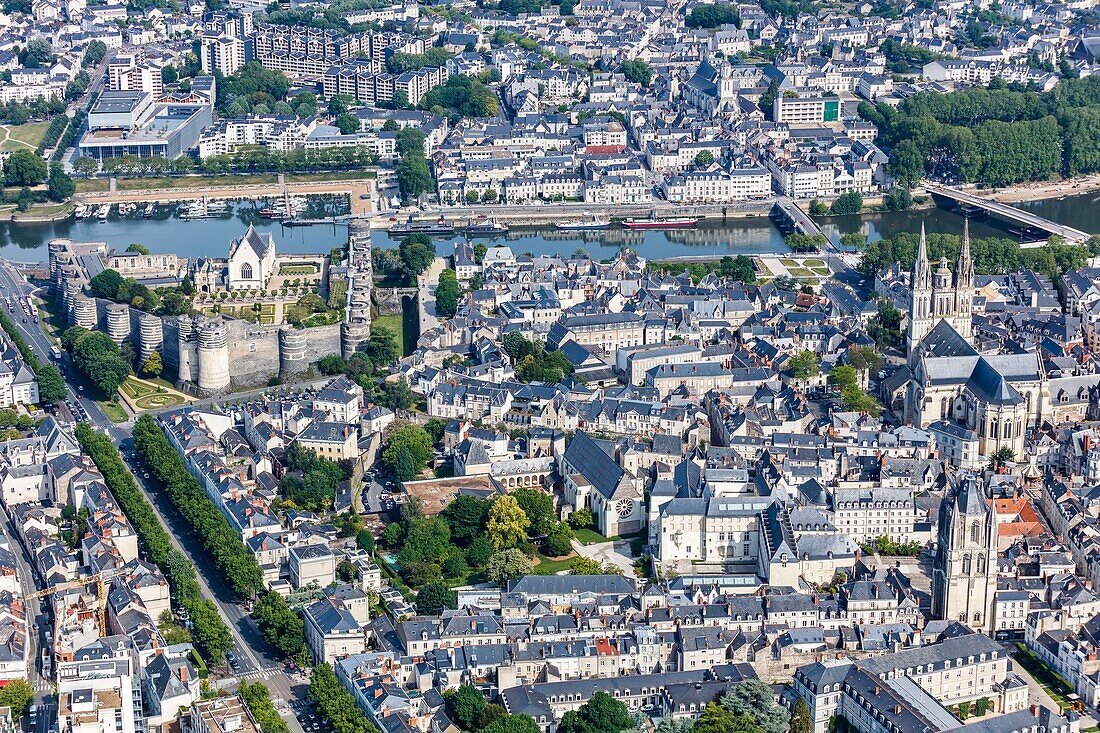 France,Maine et Loire,Loire valley listed as World Heritage by UNESCO,Angers,the town,the castle,Saint Aubin tower and Saint Maurice cathedral (aerial view)