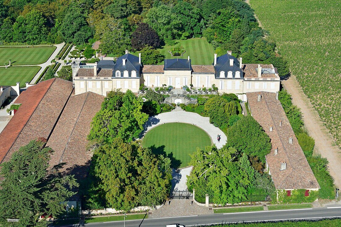 France,Gironde,Saint Julien Beychevelle,Chateau Langoa Barton third growth Saint Julien,the wine storehouses and the castle (aerial view)