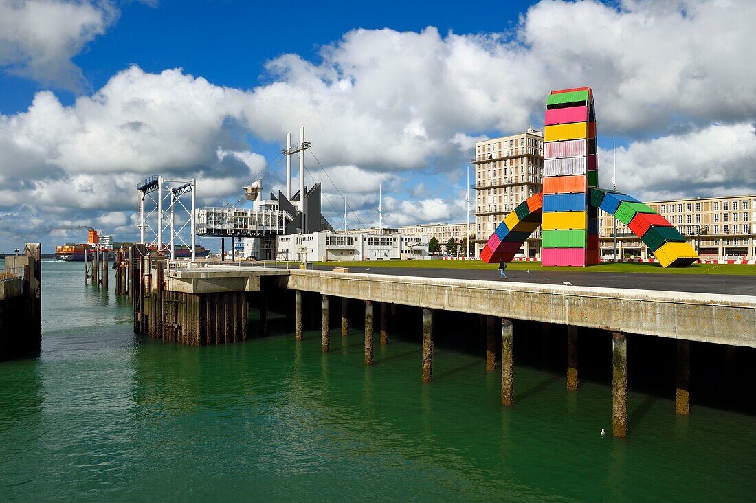 France,Seine Maritime,Le Havre,Downtown rebuilt by Auguste Perret listed as World Heritage by UNESCO,Southampton wharf,Catène de containers by Vincent Ganivet (© ADAGP)