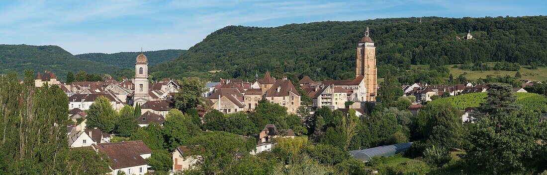 Frankreich,Jura,Arbois,Panoramablick auf die Stadt inmitten eines Weinbergs