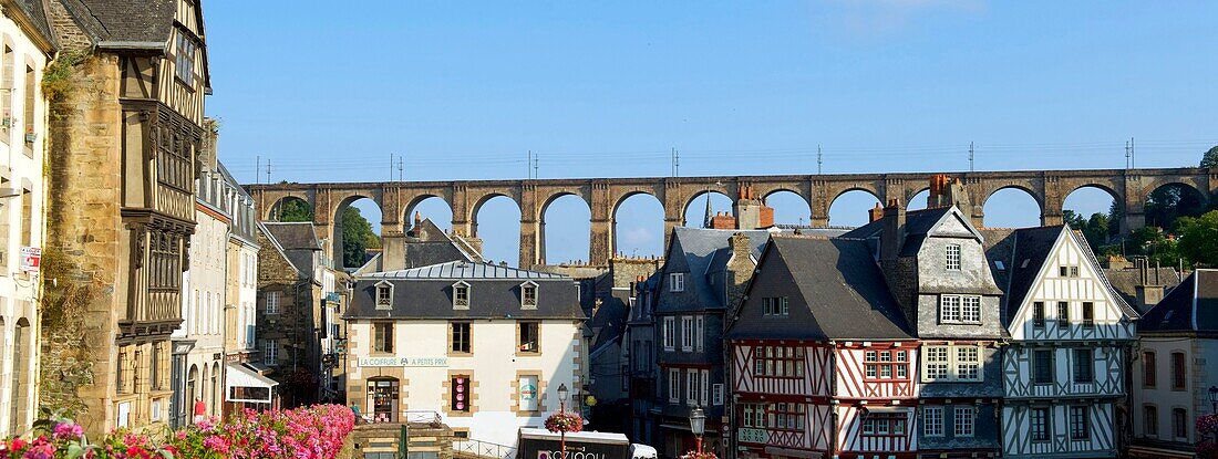 France,Finistere,Morlaix,place Allende,house of the Queen Anne,16 th century half timbered house and the viaduct in the background