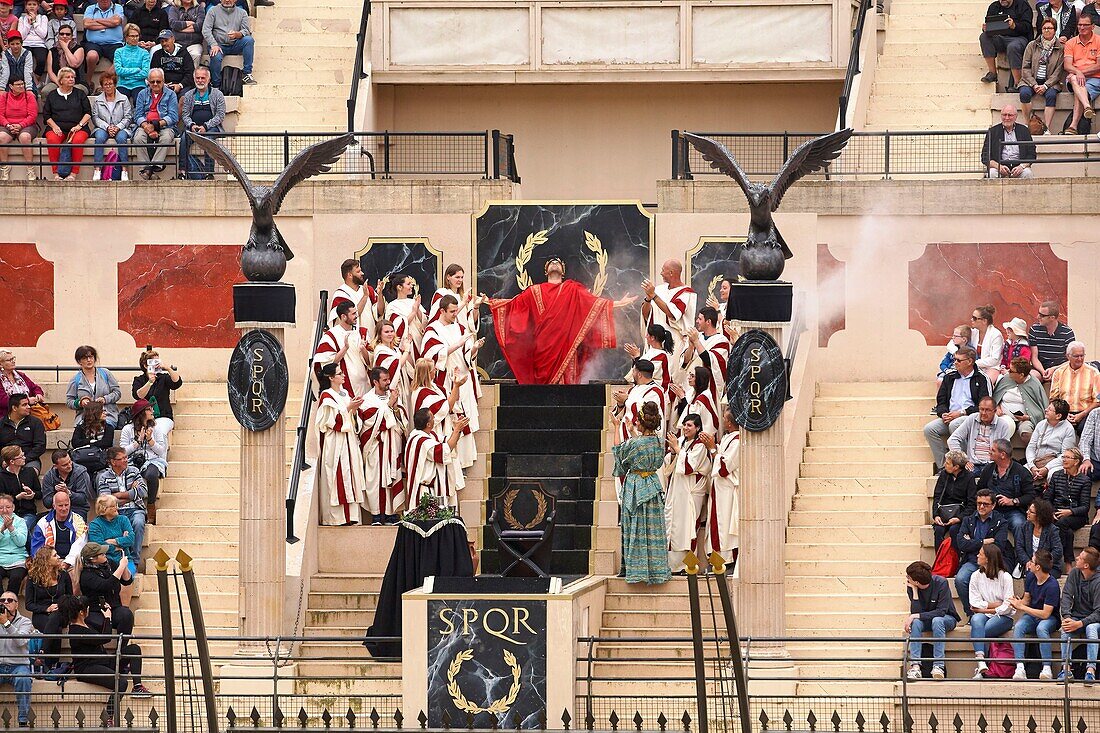 France,Vendee,Les Epesses,Le Puy du Fou historical theme park,Roman tribune,the Sign of Triumph