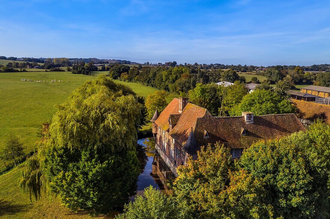 France,Calvados,Pays d'Auge,Coupesarte,16th century Coupesarte mansion (aerial view)