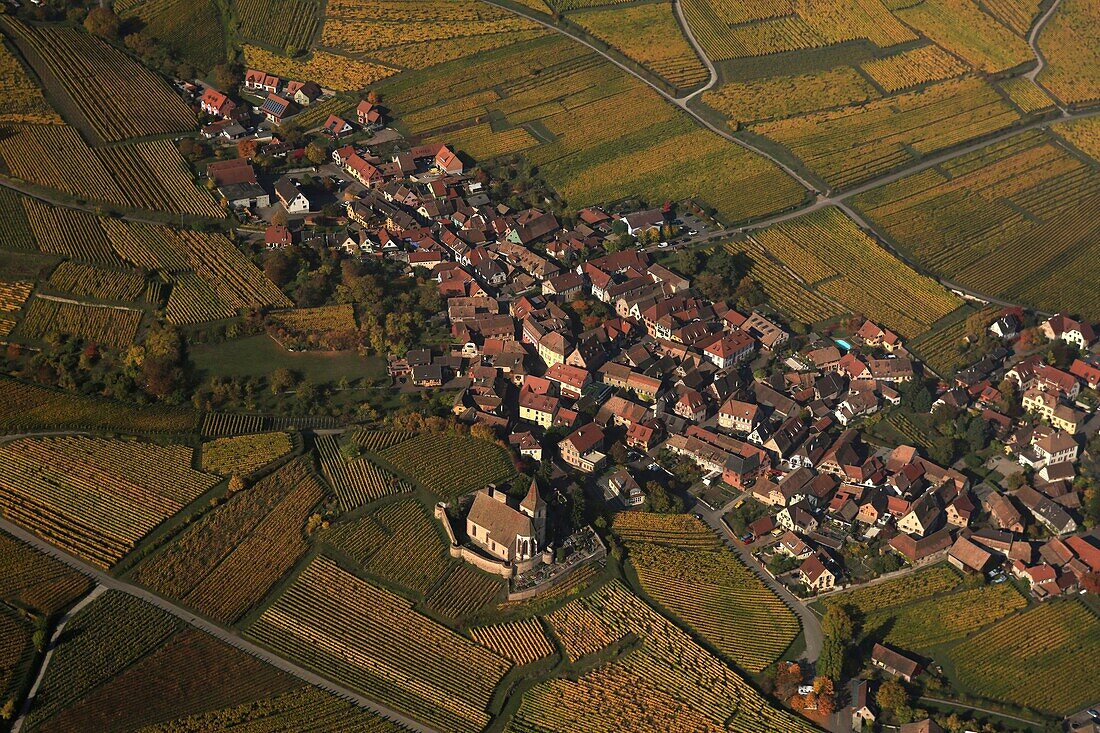Frankreich,Haut Rhin,der Weinberg und das Dorf Hunawhir im Herbst,das Dorf wird als das schönste Dorf Frankreichs bezeichnet (Luftbild)