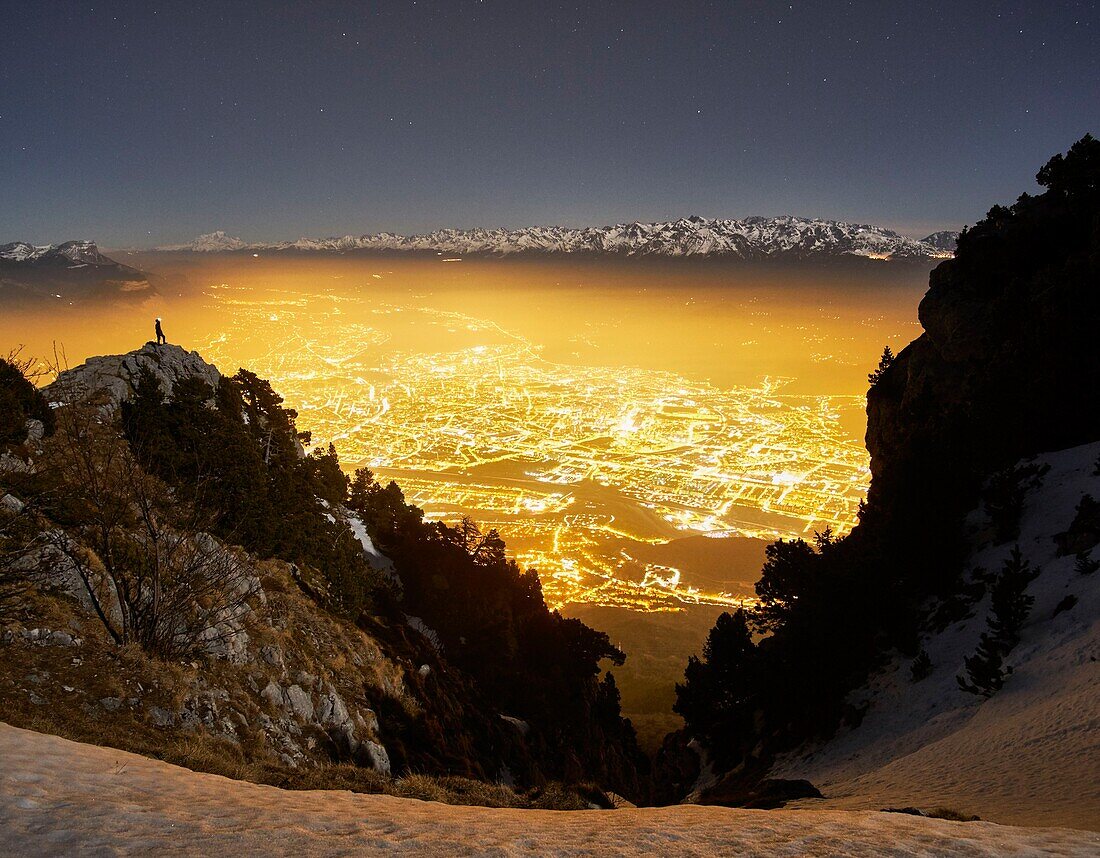 France,Isere,Le Moucherotte,Night view of Grenoble city from the top of Vercors range
