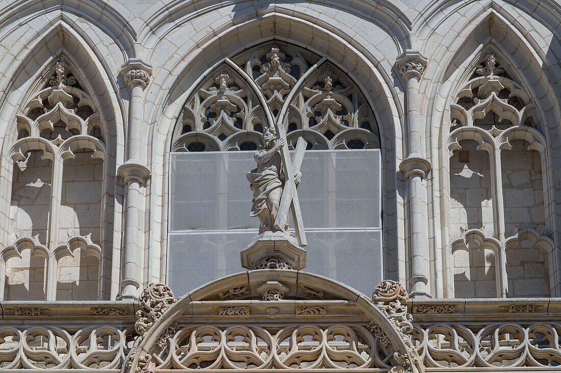 France,Ain,Bourg en Bresse,Royal Monastery of Brou restored in 2018,the church of Saint Nicolas de Tolentino masterpiece of Flamboyant Gothic,detail of the west facade