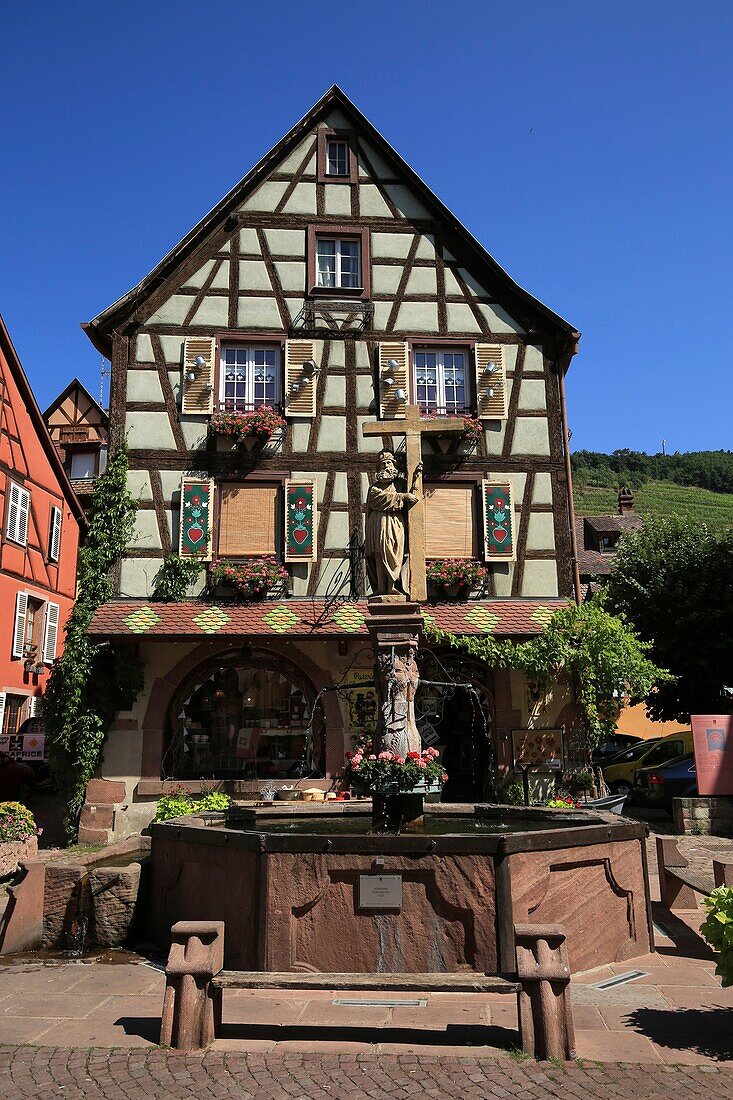 France,Haut Rhin,Route des Vins d'Alsace,Village of Kaysersberg,Place Jean Ittel,Fountain of Constantine