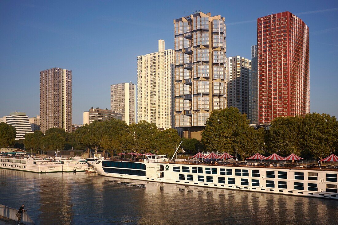 France,Paris,Banks of the Seine,Buildings of Front de Seine,and cruise ships