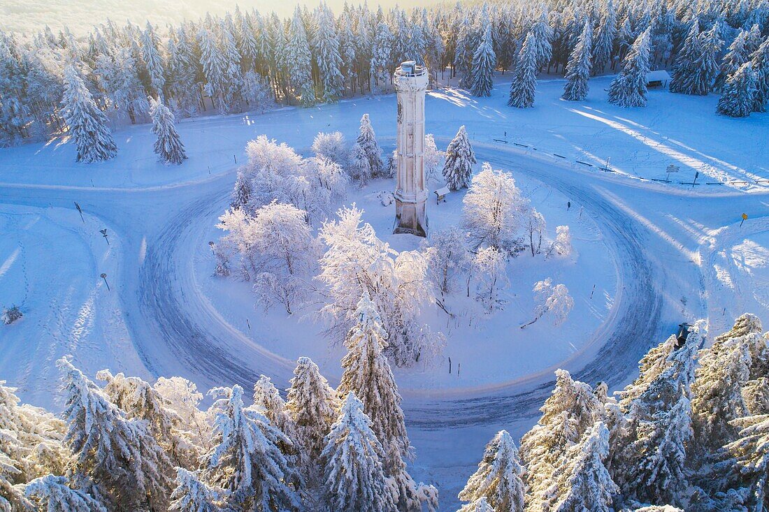 France,Bas Rhin,Hautes Vosges,Belmont,Champ du Feu (1099 m),summit in winter,Club Vosgien tower (aerial view)