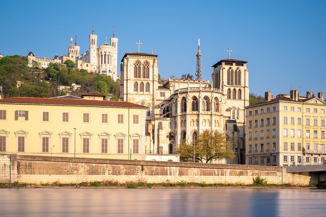 France,Rhone,Lyon,historic district listed as a UNESCO World Heritage site,Old Lyon,the banks of the Saone river,Saint-Jean Cathedral and Notre-Dame de Fourviere basilica in the background