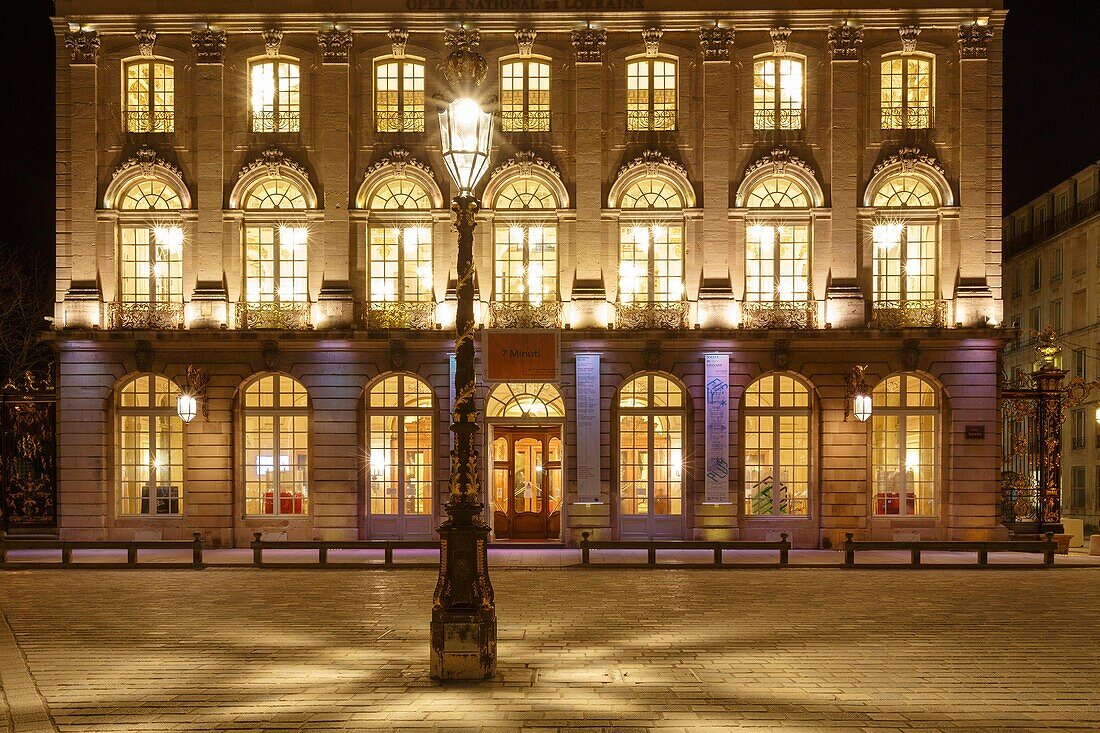 France,Meurthe et Moselle,Nancy,facade of the Opera house and street lamp by Jean Lamour on Stanislas square (former royal square) built by Stanislas Leszczynski,king of Poland and last duke of Lorraine in the 18th century,listed as World Heritage by UNESCO