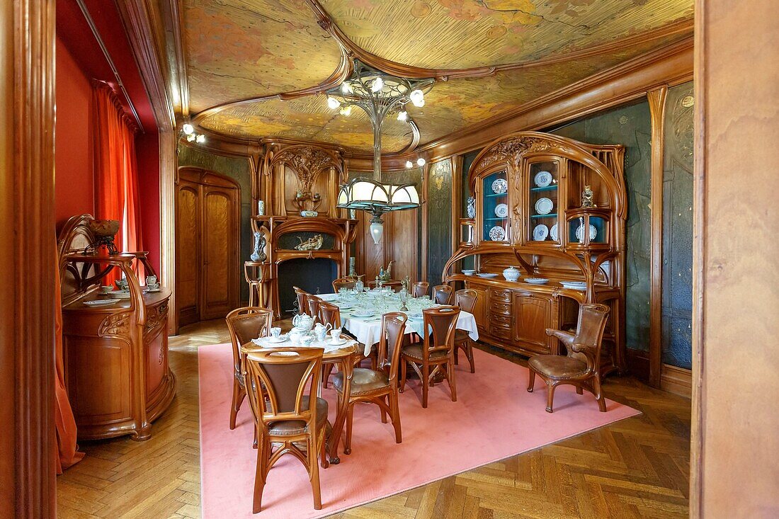France,Meurthe et Moselle,Nancy,Ecole de Nancy (Nancy school) museum in the house that belonged to Antoine Corbin dedicated to Art Nouveau,Masson dining room by Victor Vallin in 1904,painted ceiling by Victor Prouve