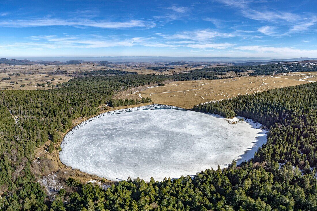 France,Puy de Dome,Orcival,Regional Natural Park of the Auvergne Volcanoes,Monts Dore,Servièress lake,volcanic maar lake (aerial view)