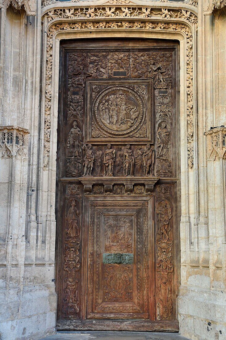 France,Seine Maritime,Rouen,Gothic Church of St Maclou (15th century),detail of the Renaissance carved wooden door of the left portal