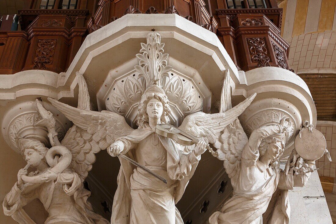 France,Meurthe et Moselle,Nancy,Sacre Coeur of Nancy basilica in roman byzantin style,group of statues sustaining the organ by Charles Didier Van Caster (1907)