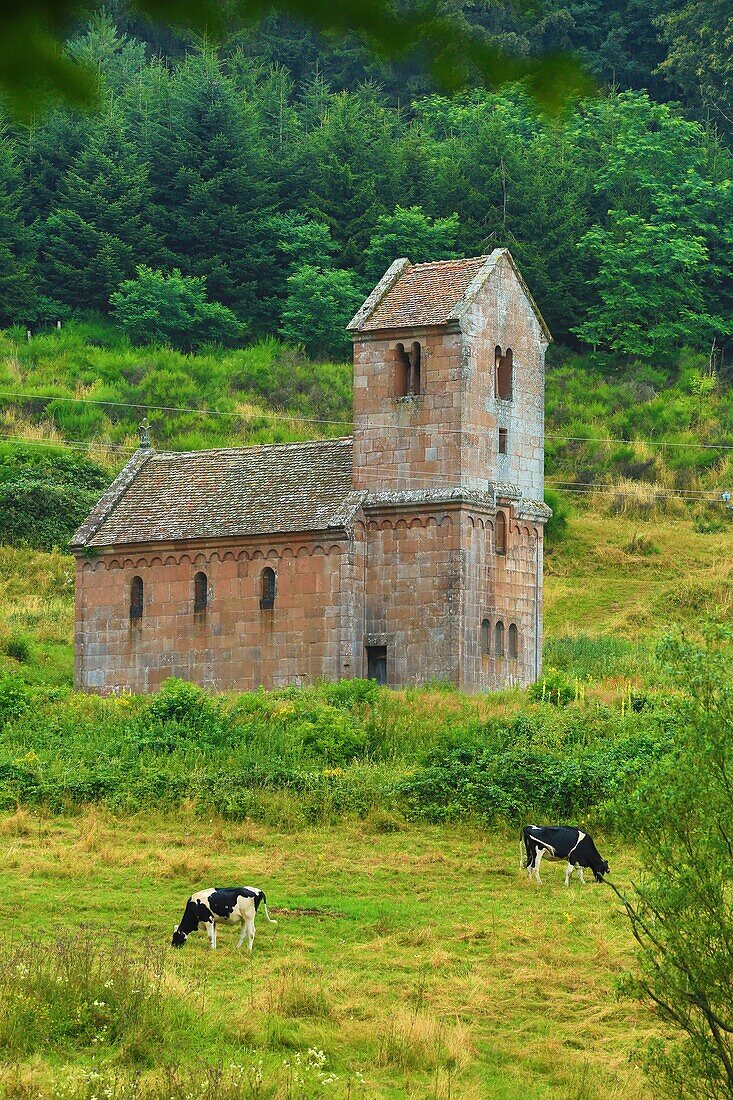 Frankreich,Bas Rhin,Ottrott,St.-Nikolaus-Kapelle von Niedermunster,Die Abtei Sainte Marie in Niedermunster liegt 511 Meter über dem Meeresspiegel am Fuße des Berges St.-Odile und wurde um 700 von St.-Odile gegründet, um Pilger aufzunehmen, die nicht auf den Berg St.-Odile gelangen konnten.Die Abtei steht seit 1846 unter Denkmalschutz