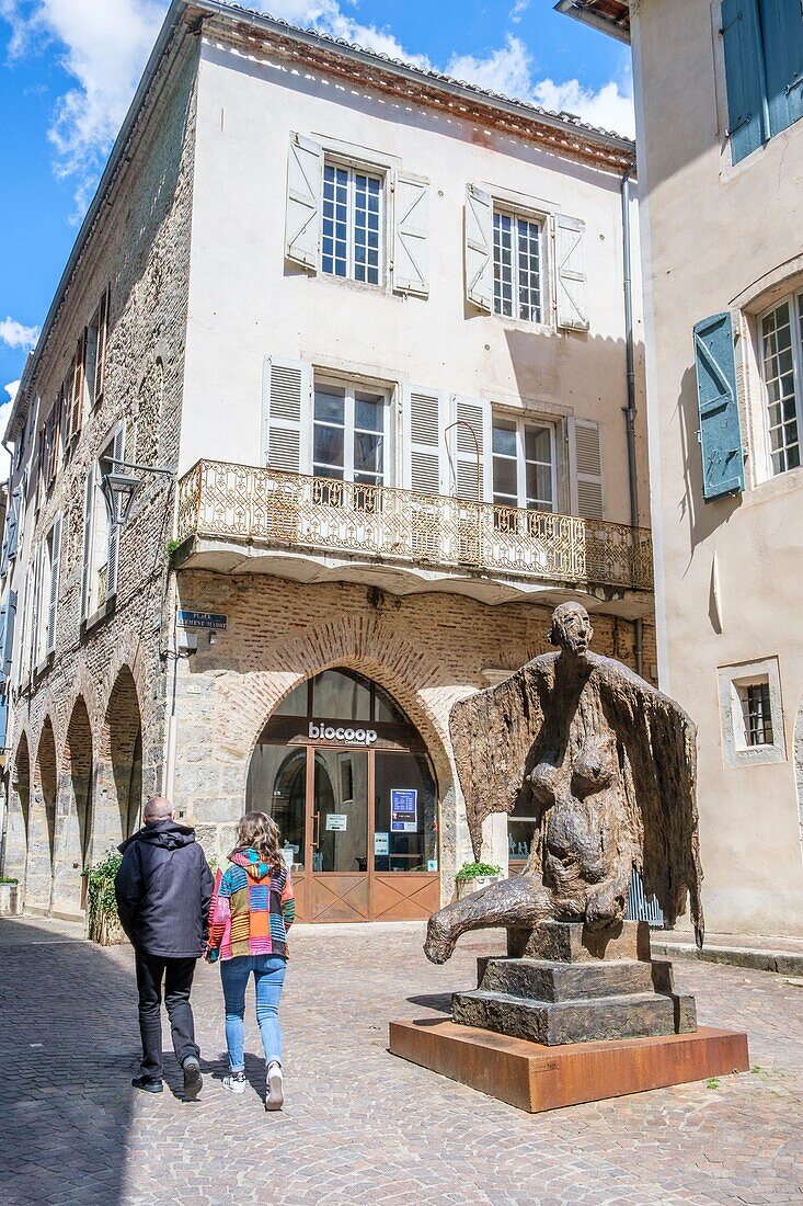 France,Lot,Cahors,the old city,square Clement Marot,l'Ange du Lazaret art peice of Marc Petit a french sculptor