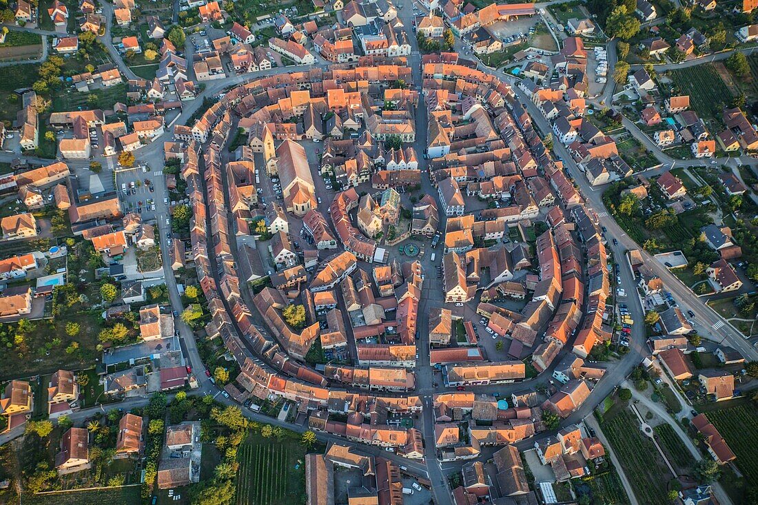 Frankreich,Haut Rhin,Elsässer Weinstraße,Eguisheim,mit der Bezeichnung Les Plus Beaux Villages de France (Die schönsten Dörfer Frankreichs) (Luftaufnahme)