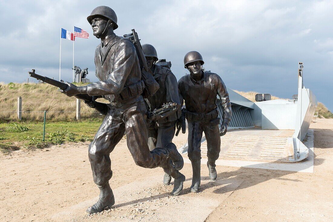 France,Manche,Cotentin,Utah Beach,statue of American Soldiers landing on the beach