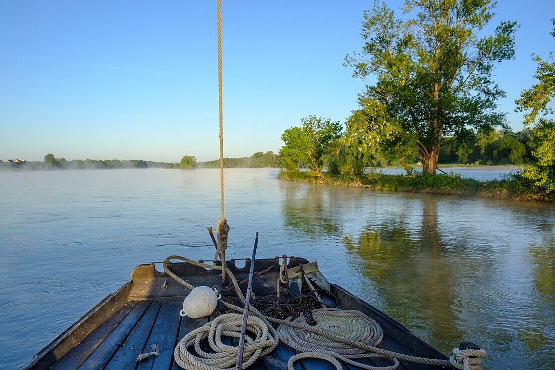 Frankreich,Indre et Loire,Loire-Tal, von der UNESCO zum Weltkulturerbe erklärt,Candes Saint Martin,Schifffahrt auf der Loire auf einem traditionellen Boot namens Toue