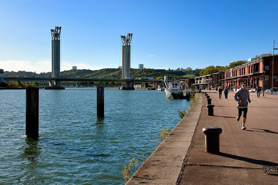 France,Seine Maritime,Rouen,Gustave Flaubert lift bridge over the Seine river and the embankments
