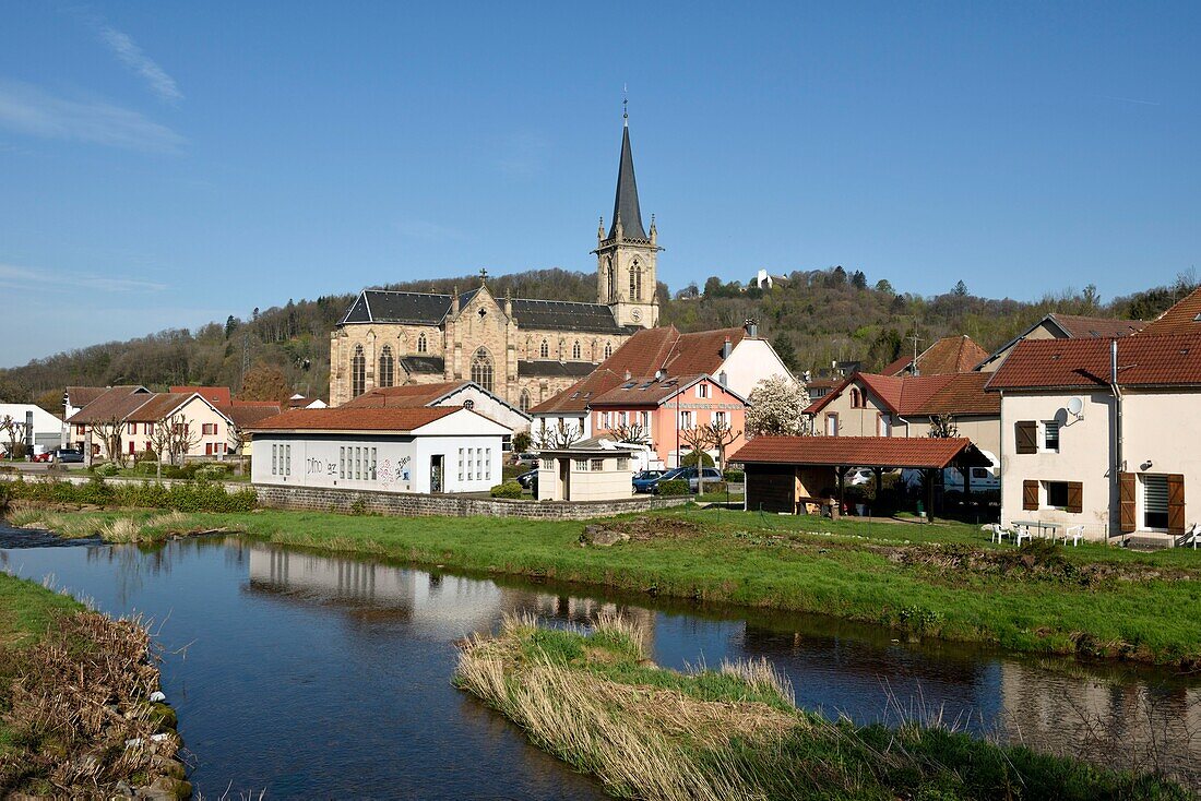 France,Haute Saone,Ronchamp,village,church,river Rahin,hill with chapel Notre Dame du Haut