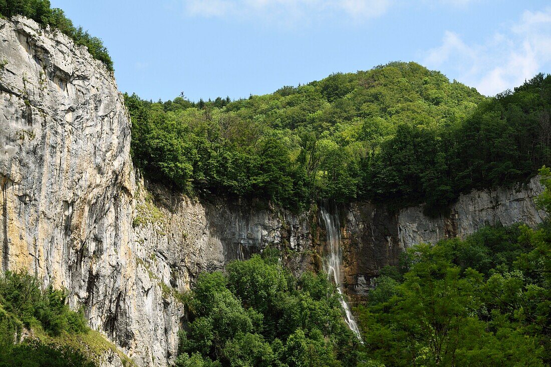 Frankreich,Doubs,Mouthier Haute Pierre,von der Brücke von Longeville auf der Loue,Felsen der Baume,La Baume Felsen,Sytatu Wasserfall,hoher Teil