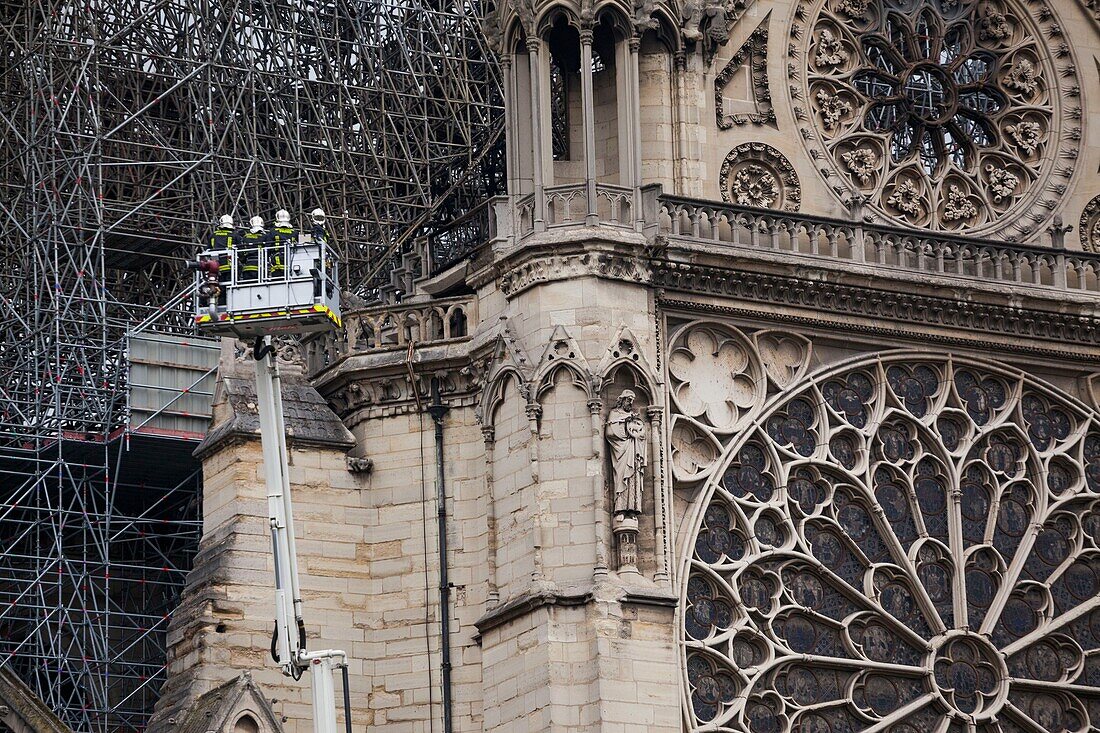 France,Paris,Notre Dame de Paris Cathedral,day after the fire,April 16,2019,firefighters assessing the damage