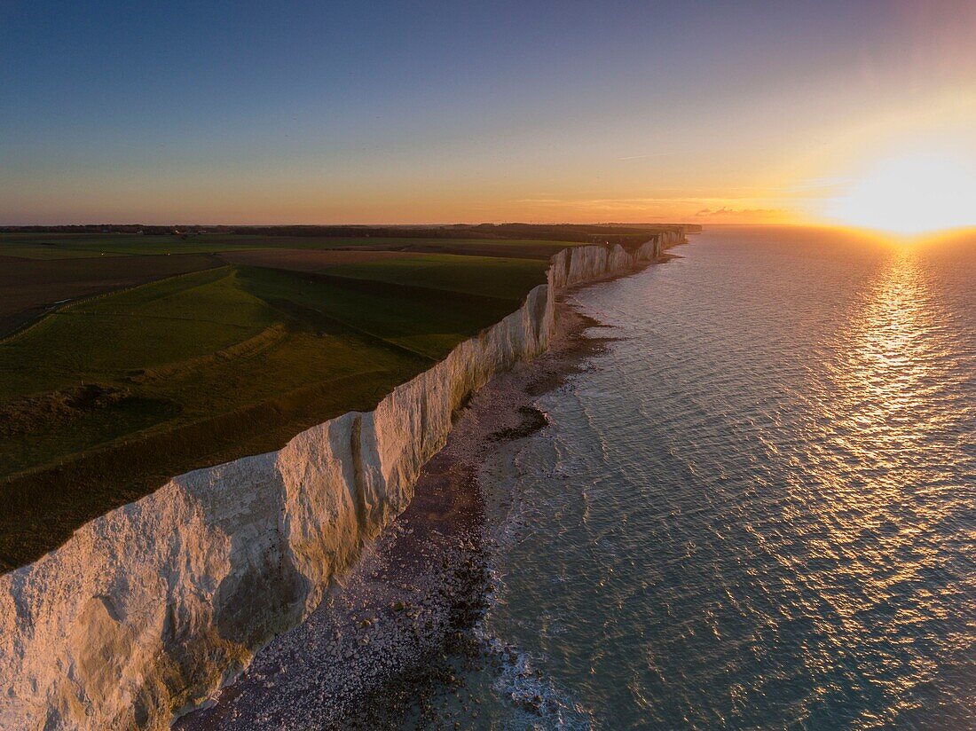 France,Somme,Ault,the cliffs of the Picardy coast near Ault at sunset (aerial view)