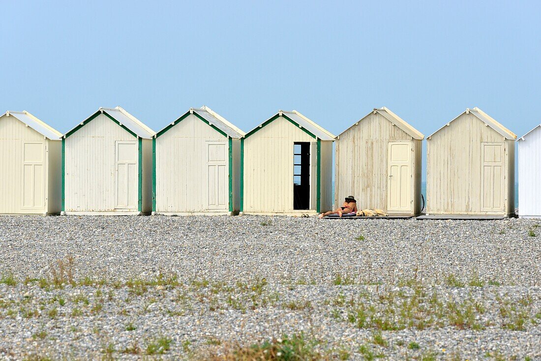 France,Somme,Baie de Somme (Somme bay),Cayeux sur Mer,the boardwalk lined with 400 colorful cabins and 2 km long