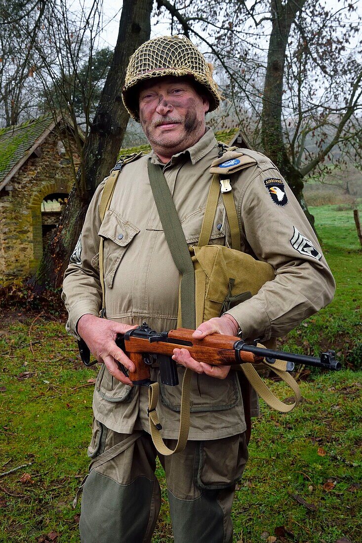 France,Eure,Sainte Colombe prés Vernon,Allied Reconstitution Group (US World War 2 and french Maquis historical reconstruction Association),reenactor Marc Amblot in uniform of the 101st US Airborne Division