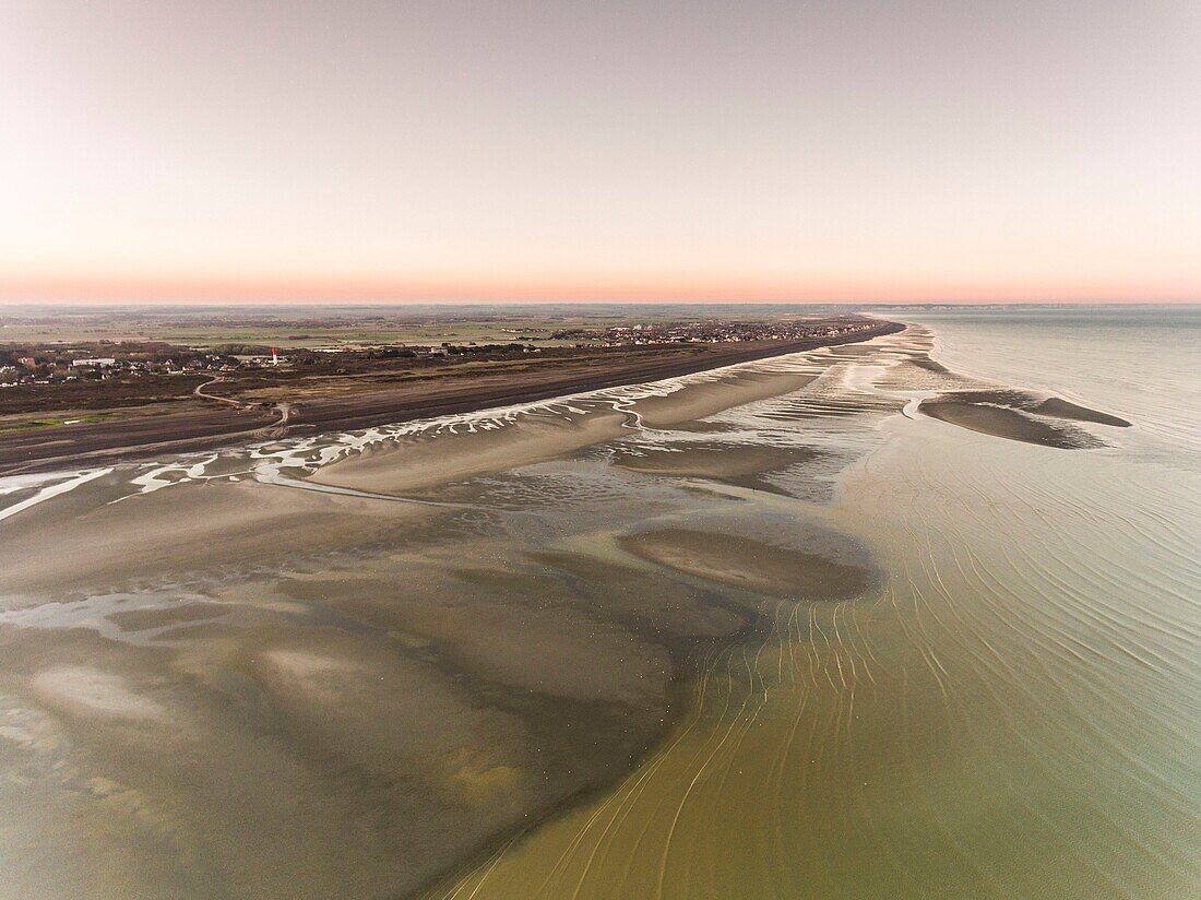 France,Somme,Baie de Somme,La Mollière d'Aval,flight over the Baie de Somme near Cayeux sur Mer,here the shoreline consists of the pebble cord that extends to the cliffs of Ault and at low tide the sandbanks extend to view