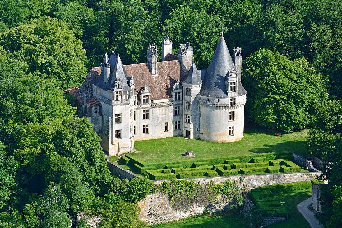 France,Dordogne,Perigord Vert,Villars,Chateau de Puyguilhem (aerial view)