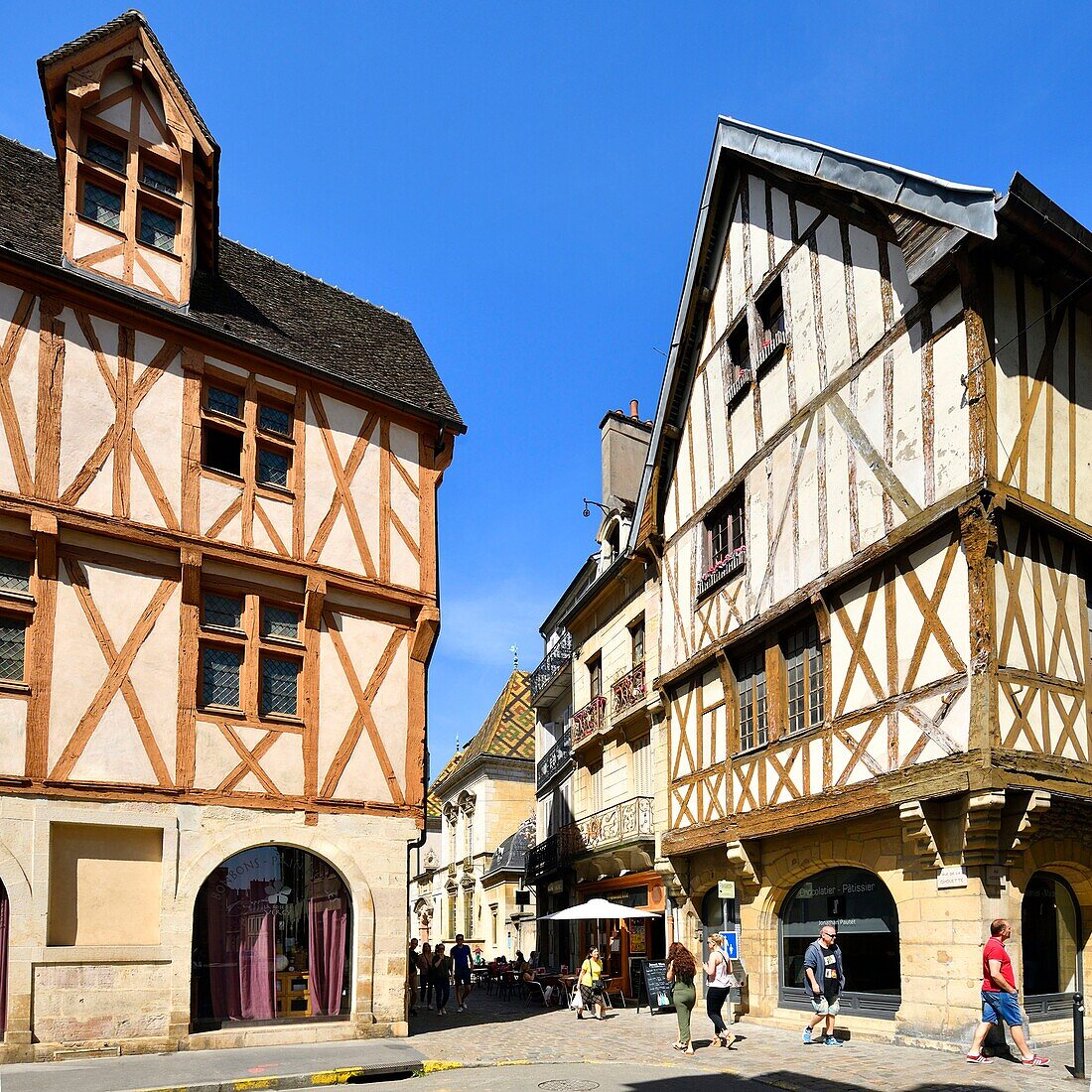 Frankreich,Cote d'Or,Dijon,von der UNESCO zum Weltkulturerbe erklärtes Gebiet,rue de la Chouette und rue de la Verrerie,typische Fachwerkhäuser