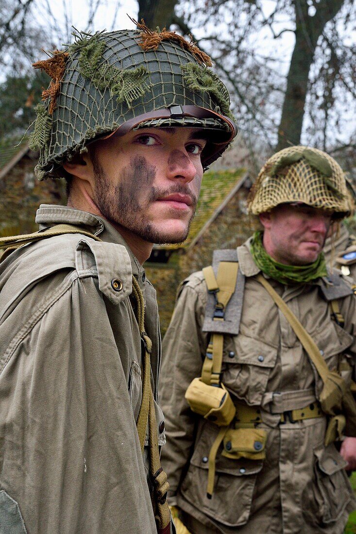 France,Eure,Sainte Colombe prés Vernon,Allied Reconstitution Group (US World War 2 and french Maquis historical reconstruction Association),reenactor Pierre Nehou in uniform of the 101st US Airborne Division