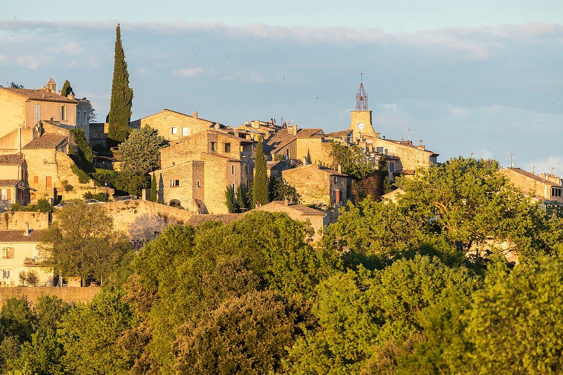 France,Vaucluse,Regional Natural Park of Luberon,Ansouis,labeled the Most beautiful Villages of France,in the background the Belfry crowned with a wrought iron campanile
