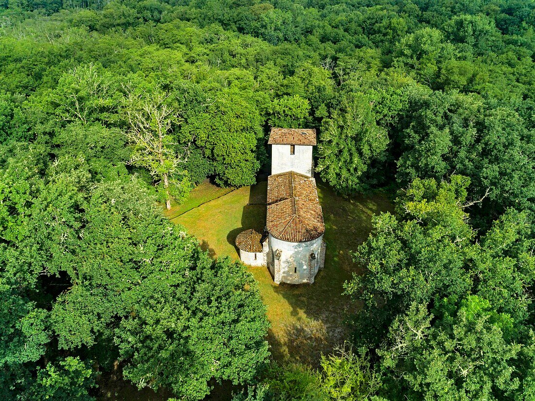 France,Gironde,Val de L'Eyre,Parc Naturel Régional des Landes de Gascogne,Lugos,Church of Old Lugo or Old Lugos,dating from the eleventh century,listed as a historical monument (aerial view)