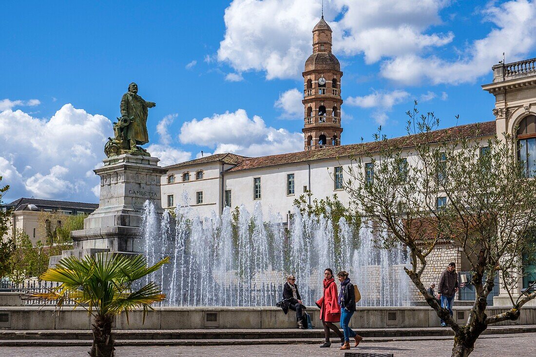 France,Lot,Cahors,tower to College Gambetta and statue of Gambetta