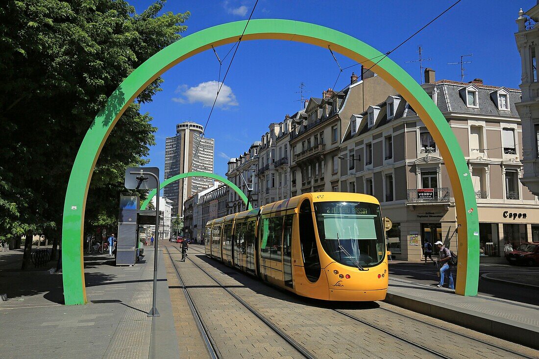 France,Haut Rhin,Mulhouse,President Kennedy Avenue,The tramway and the metal arches of Buren