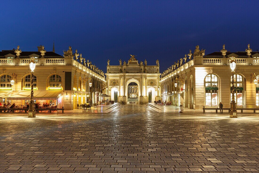 France,Meurthe et Moselle,Nancy,Here arch and Petits Pavillons (Tiny pavillions) on Stanislas square (former royal square) built by Stanislas Leszczynski,king of Poland and last duke of Lorraine in the 18th century,listed as World Heritage by UNESCO