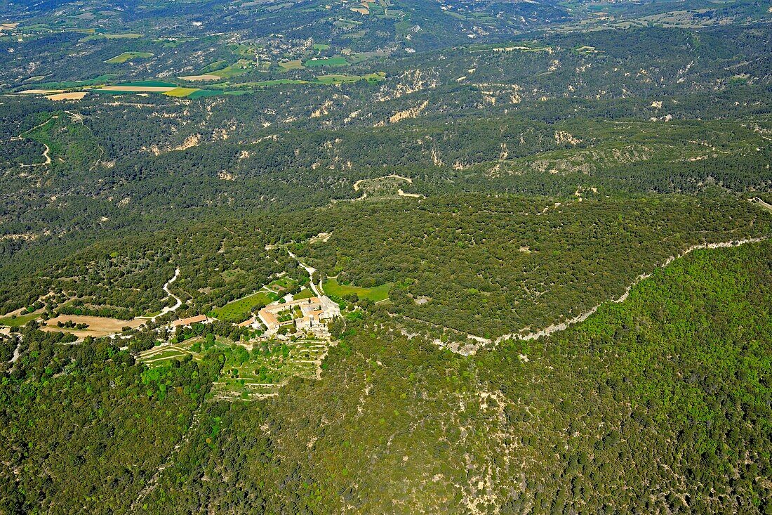 France,Alpes de Haute Provence,Durance Valley,Ganagobie,monastery and abbey Notre Dame de Ganagobie (aerial view)