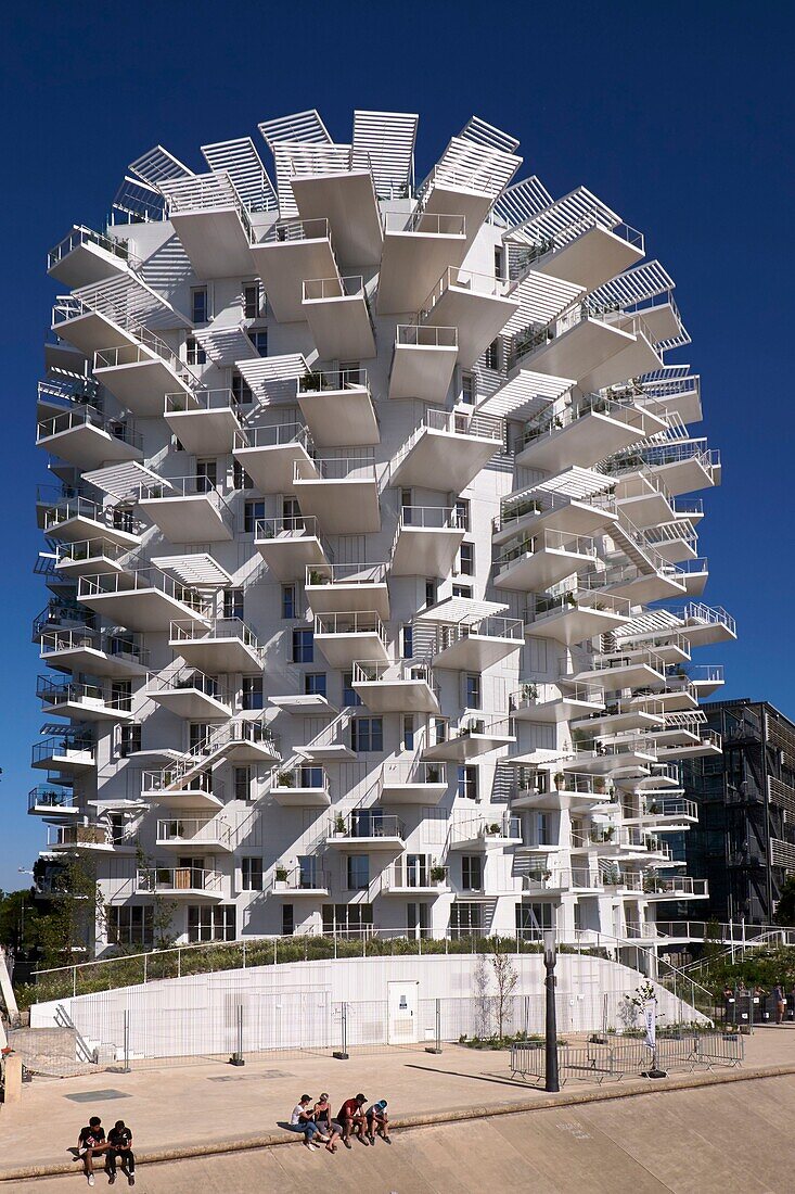 Frankreich,Hérault,Montpellier,Richterviertel,Der Weiße Baum am Ufer der Lez von dem japanischen Architekten Sou Fujimoto. Das 17 Stockwerke oder 56 Meter hohe Gebäude verfügt über 120 Wohnungen, eine Bar mit Panoramablick, ein Restaurant und eine Kunstgalerie.